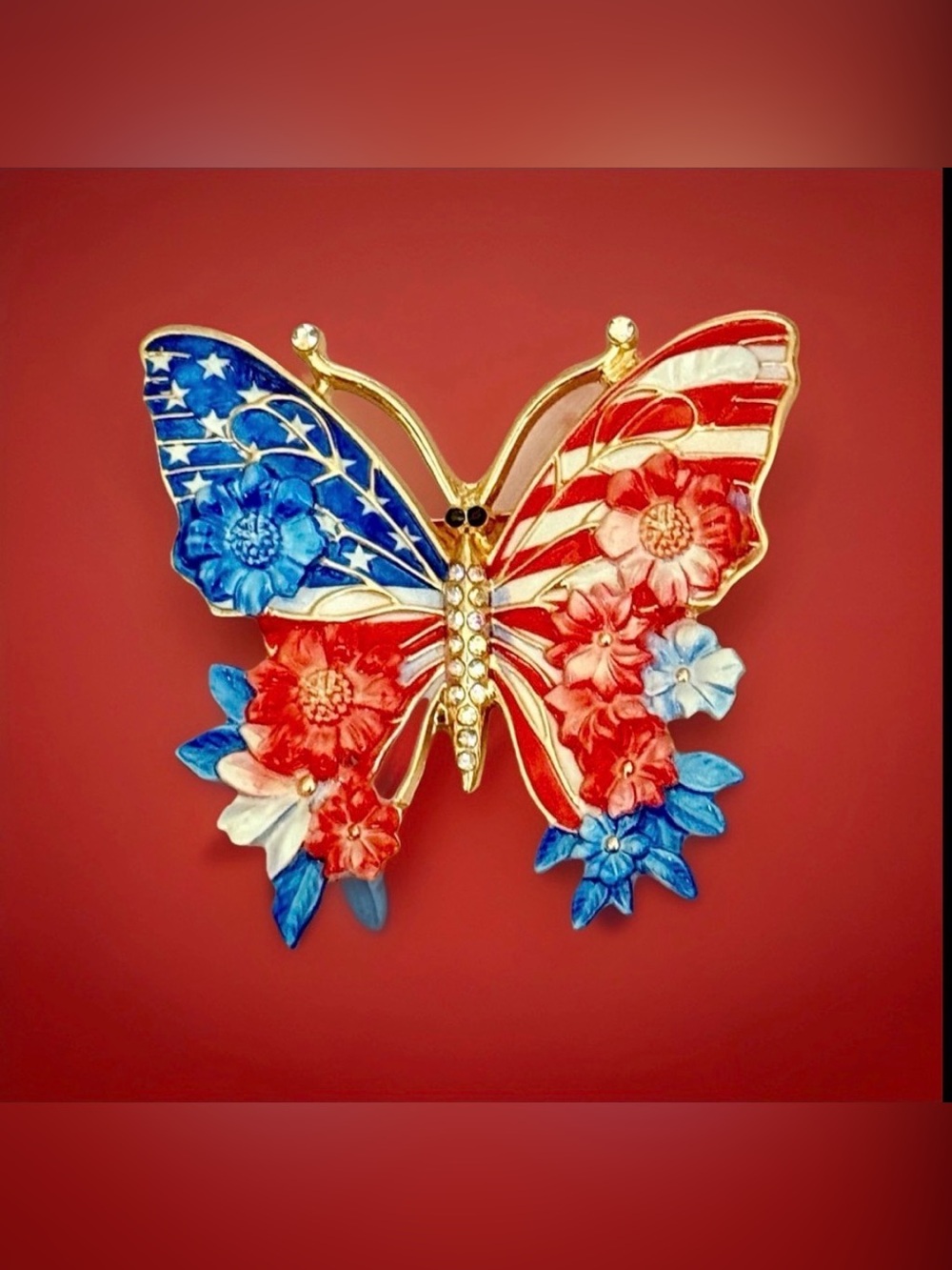 Patriotic Butterfly Floral Brooch - Red, White & Blue